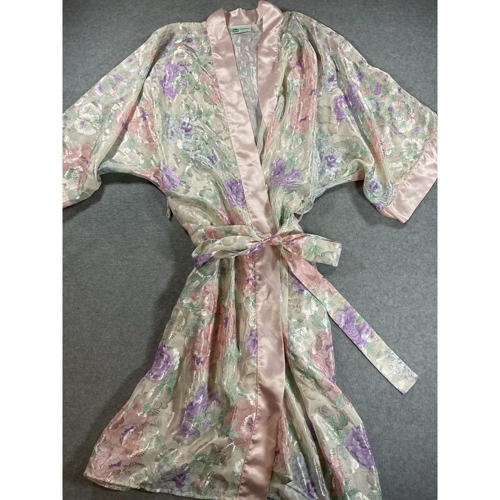 Cypress Vintage Floral Jacquard Robe Satin Trim Wrap Kimono Belted 2104